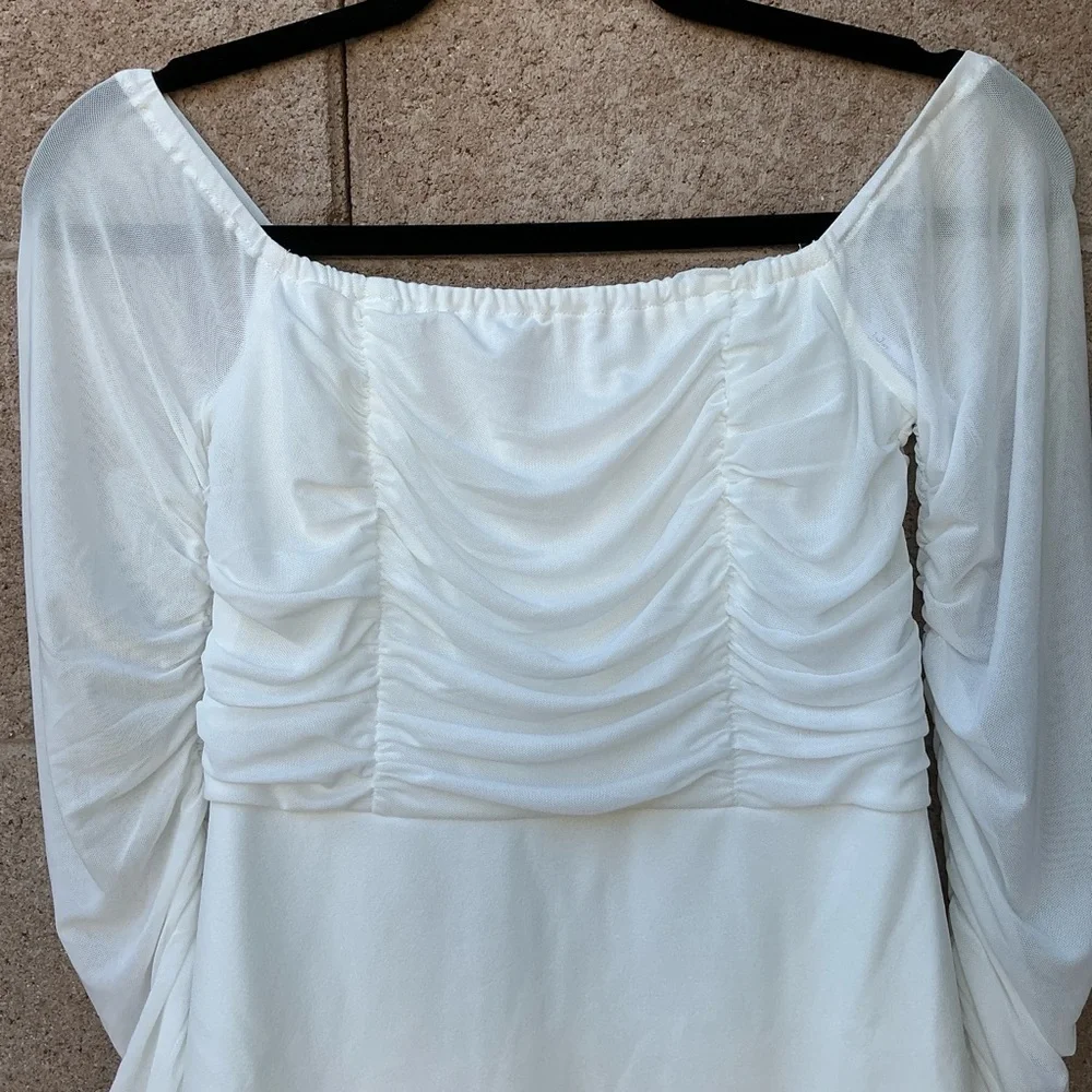 NWT Lulu’s Elegant Eternity White Mesh Ruched Off-the-Shoulder Mini Dress Medium